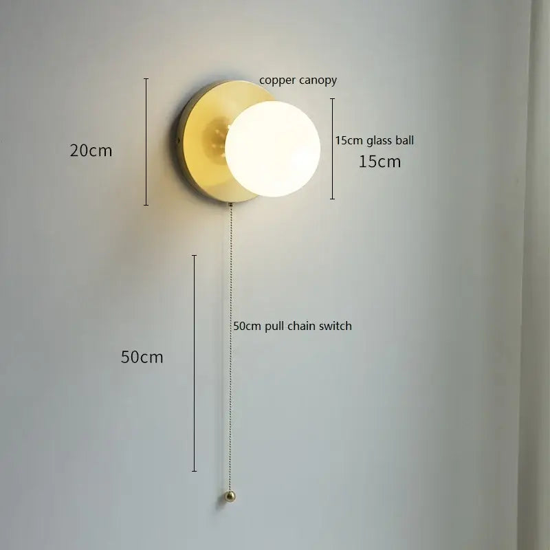 Modern gold glass ball wall lights with pull chain for bedroom