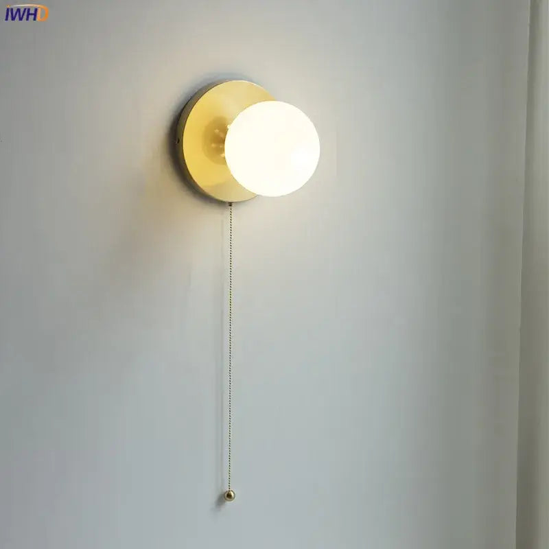 Modern gold glass ball wall lights with pull chain for bedroom