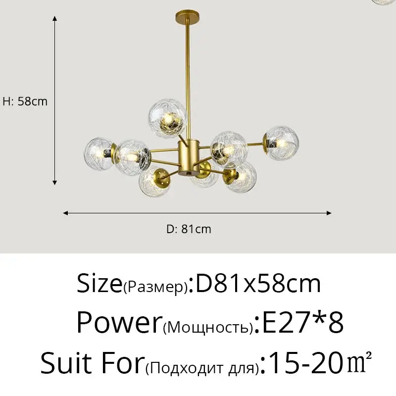 Modern gold glass led chandelier for dining room sphere pendant light