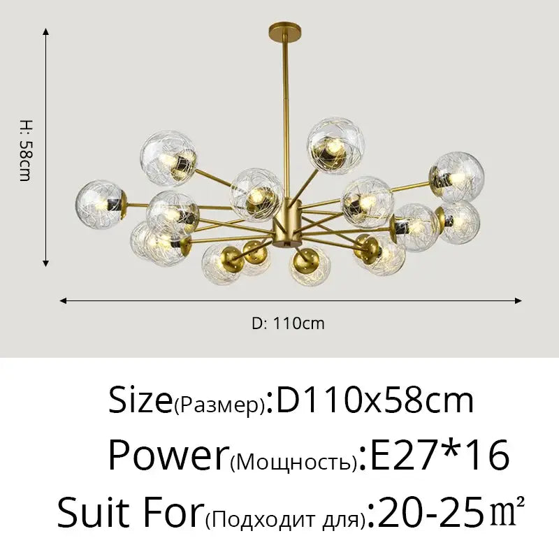 Modern gold glass led chandelier for dining room sphere pendant light