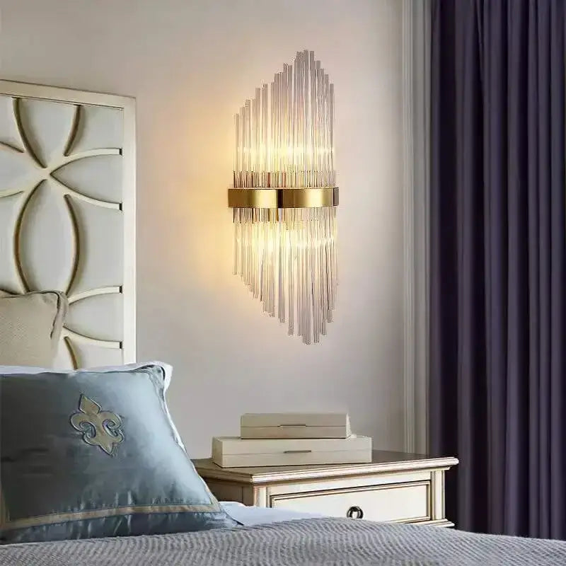 Modern gold glass rod crystal wall sconce bedroom light