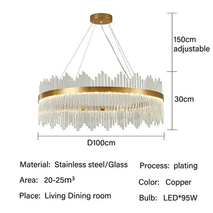Modern gold glass rod led pendant chandelier for dining room