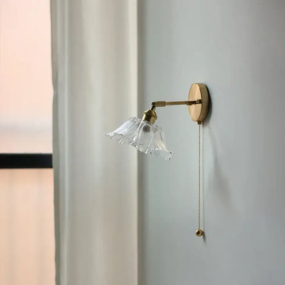 Modern gold glass shade wall light with bedroom pull chain