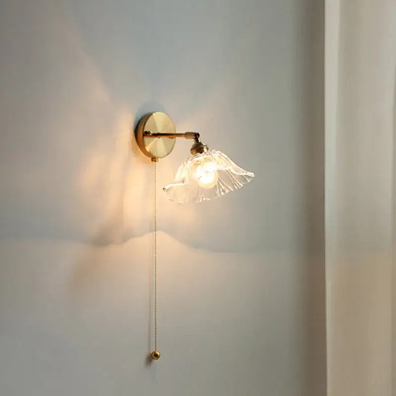 Modern gold glass shade wall light with bedroom pull chain
