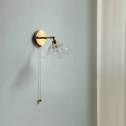 Modern gold glass shade wall light with bedroom pull chain