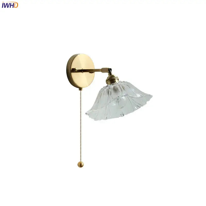 Modern gold glass shade wall light with bedroom pull chain