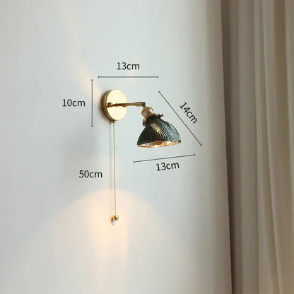 Modern gold glass shade wall light with bedroom pull chain
