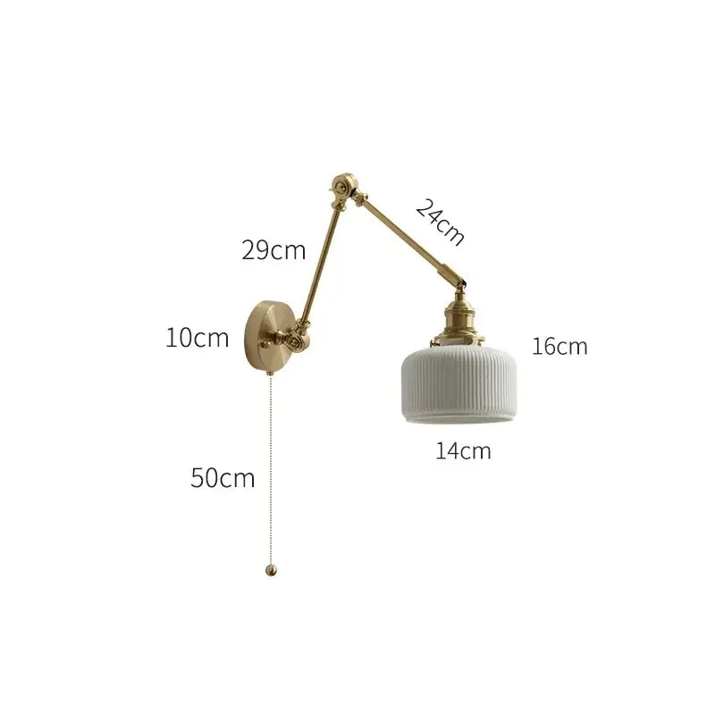 Modern gold glass shade wall light with bedroom pull chain
