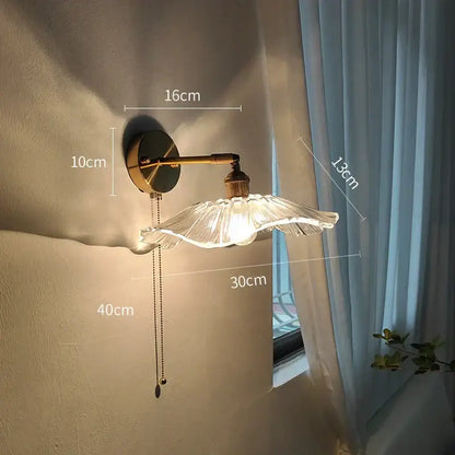 Modern gold glass shade wall light with bedroom pull chain