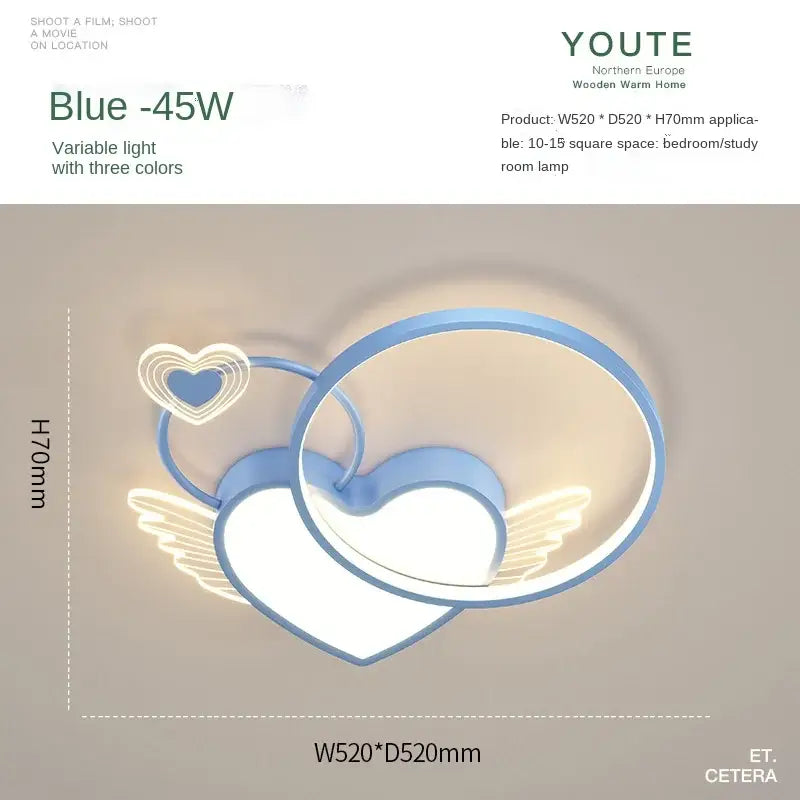 Modern gold heart shape led ceiling light bedroom with wings