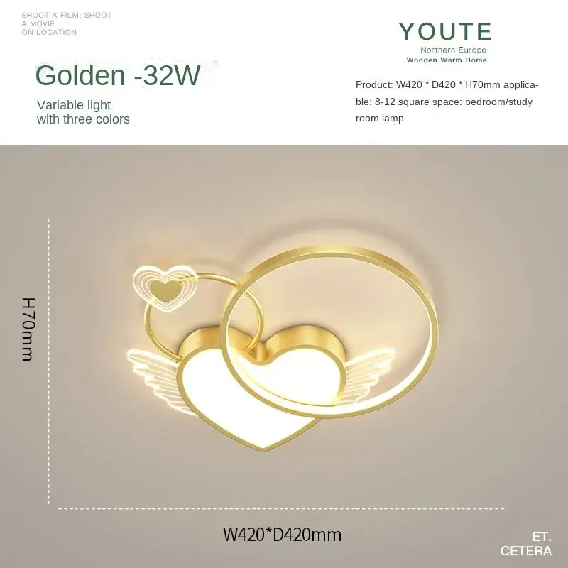 Modern gold heart shape led ceiling light bedroom with wings