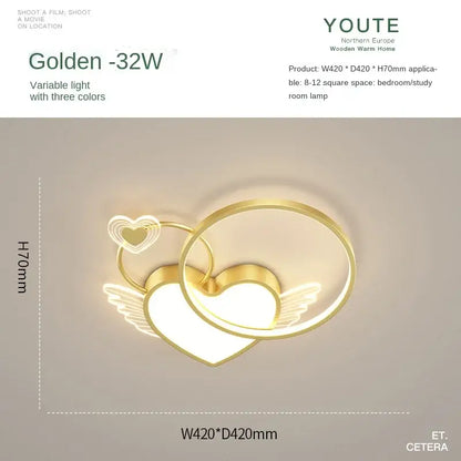 Modern gold heart shape led ceiling light bedroom with wings