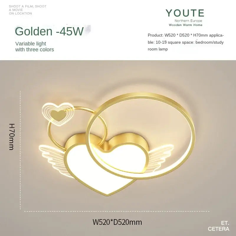 Modern gold heart shape led ceiling light bedroom with wings