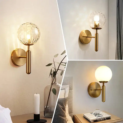 Modern gold iron led sconce lamp with textured glass for bedroom