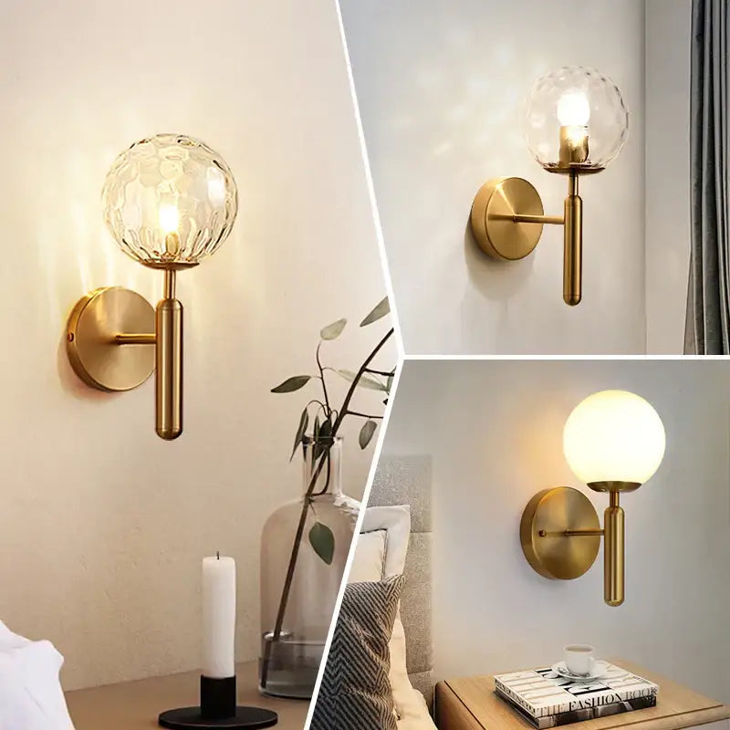 Modern gold iron led sconce lamp with textured glass for bedroom