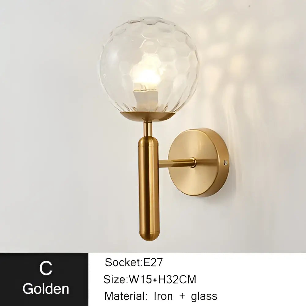 Modern gold iron led sconce lamp with textured glass for bedroom