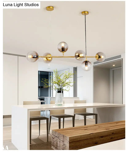 DecorBites™ Modern Gold Island Pendant Light with 6 Lights - Spherical Glass Ceiling Fixture for Dining Table