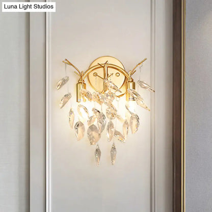 Modern gold leaf wall lamp with beveled crystal for living room
