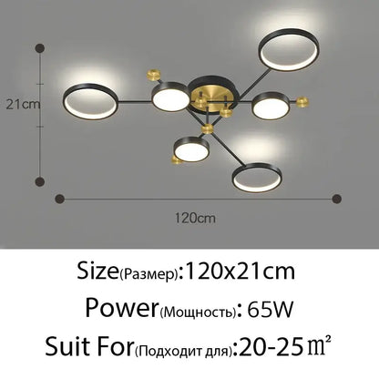 Modern gold led ceiling lamp black & gold 6 ring living room light