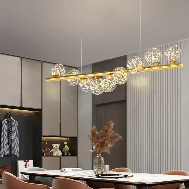 Modern gold led long chandelier dining room glass ball pendant light