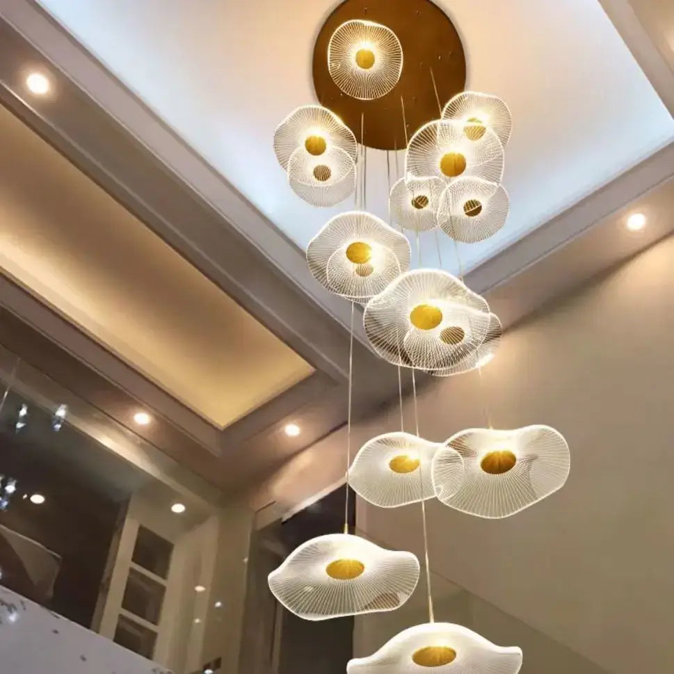 Modern gold led lotus chandelier for staircase and dining room