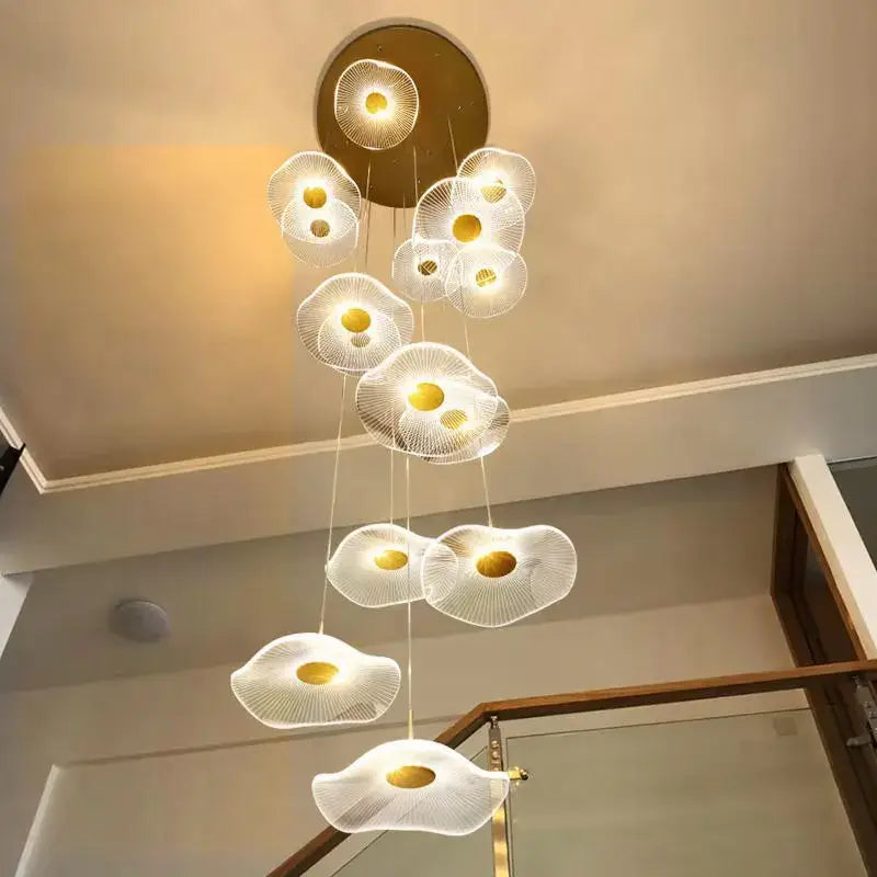 Modern gold led lotus chandelier for staircase and dining room
