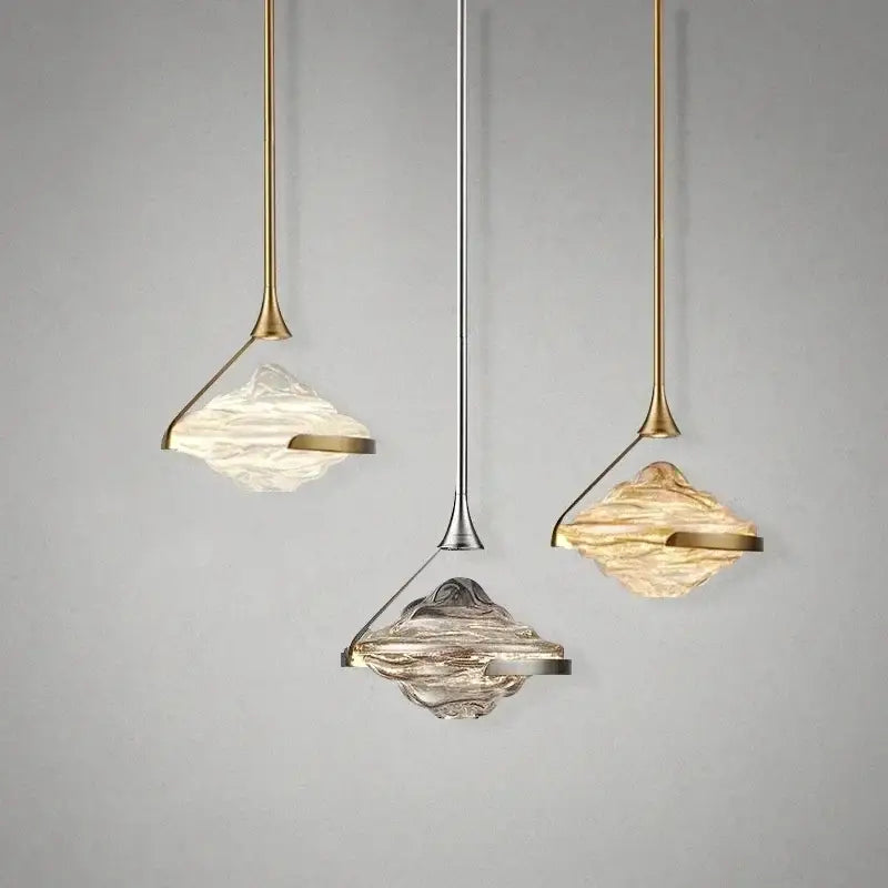 Modern gold led pendant lamp with textured glass for dining room