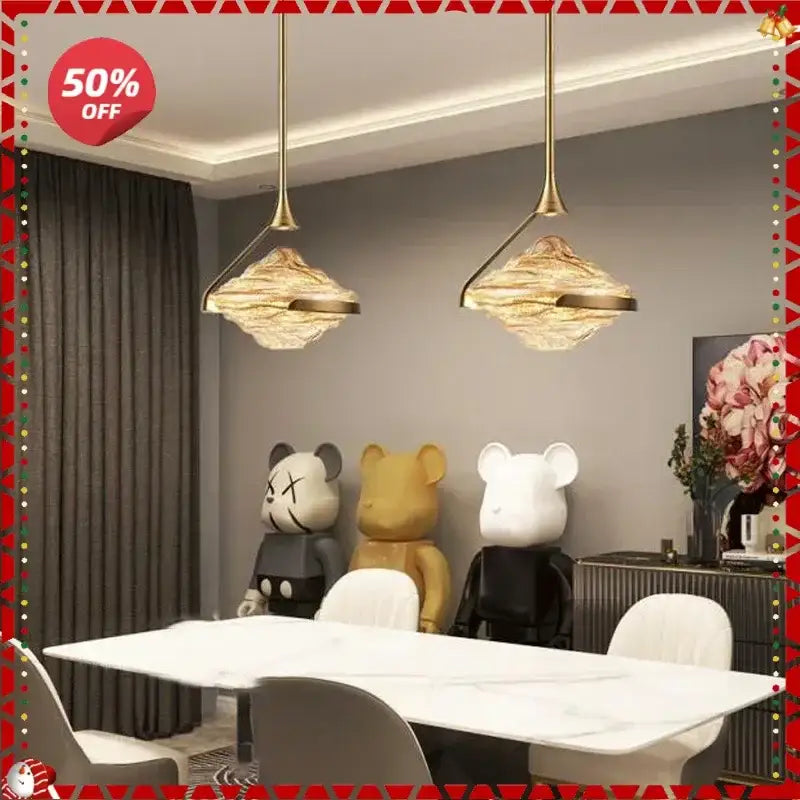 Modern gold led pendant lamp with textured glass for dining room