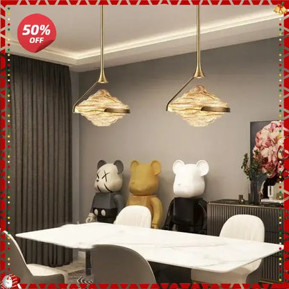 Modern gold led pendant lamp with textured glass for dining room
