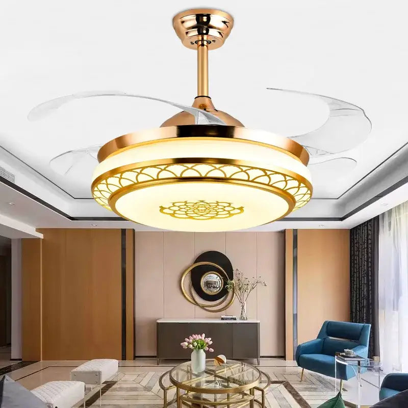 Modern gold living room fan light with translucent blades