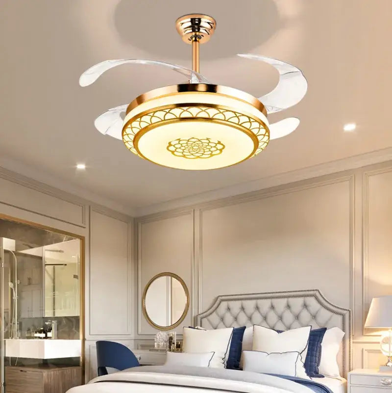 Modern gold living room fan light with translucent blades