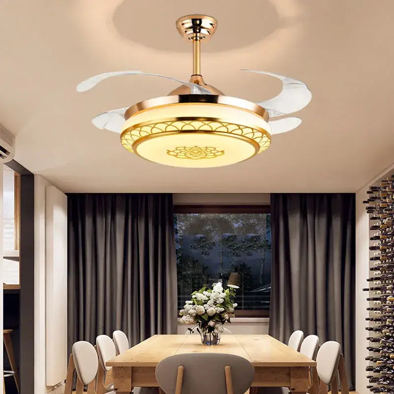 Modern gold living room fan light with translucent blades