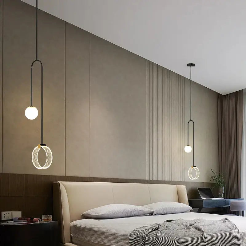Modern gold luxury led pendant light bedroom art ring lamp