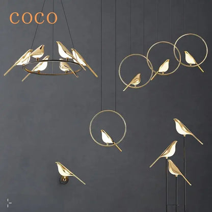 Modern gold magpie bird led ring chandelier dining room light