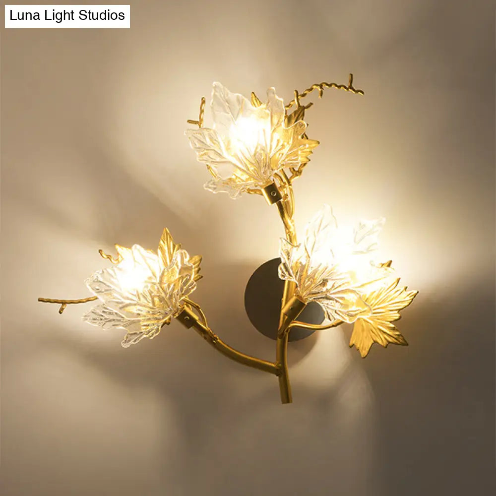 DecorBites™ Modern Gold Maple Leaf Glass Sconce - Clear 3-Light Wall Fixture for Dining Room Lighting