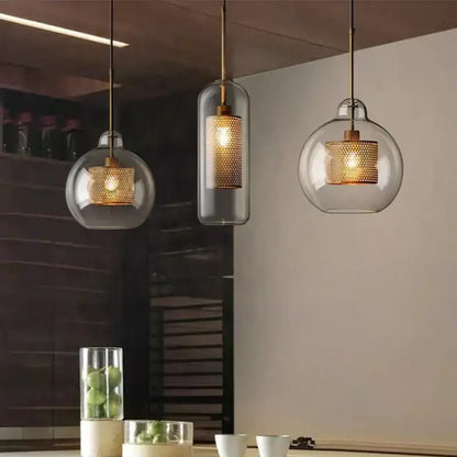 Modern gold mesh glass ball pendant light for kitchen dining room
