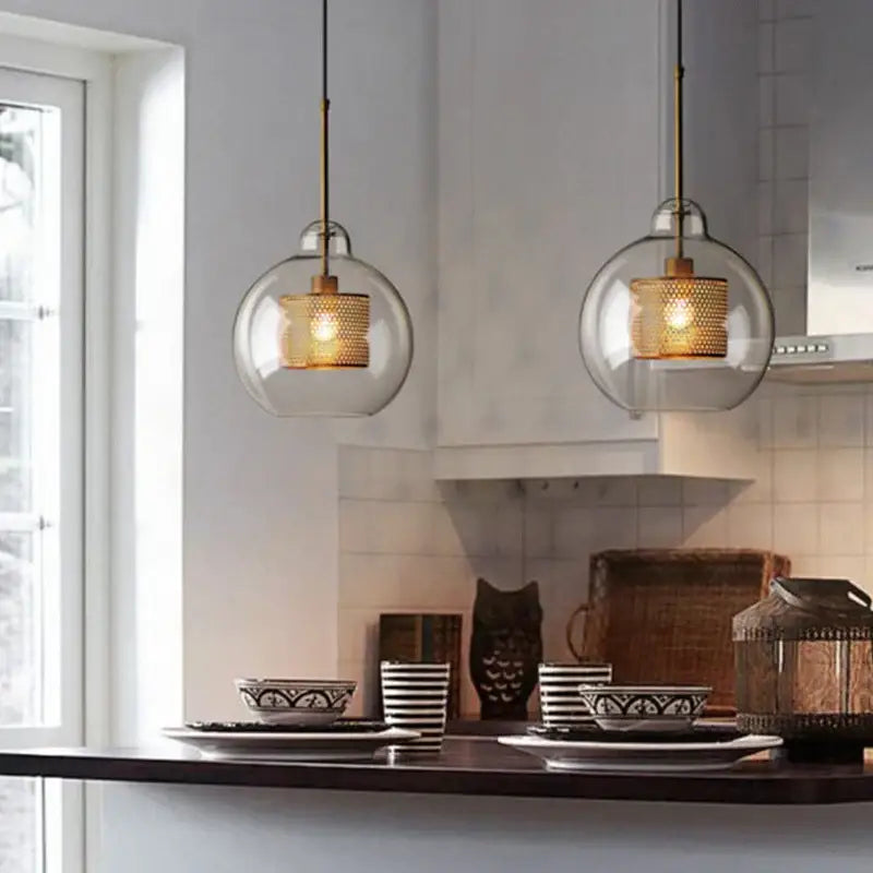 Modern gold mesh glass ball pendant light for kitchen dining room