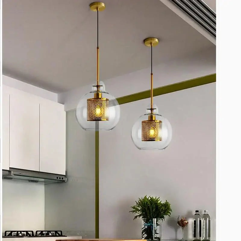 Modern gold mesh glass ball pendant light for kitchen dining room