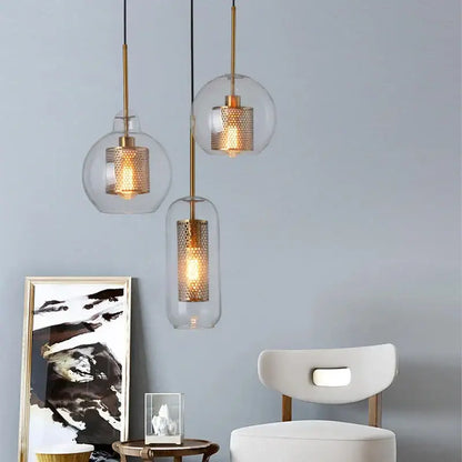 Modern gold mesh glass pendant light kitchen fixture