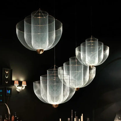 Modern gold mesh grid ceiling chandelier dining room led light