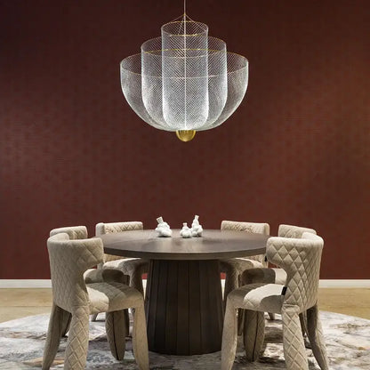 Modern gold mesh grid ceiling chandelier dining room led light