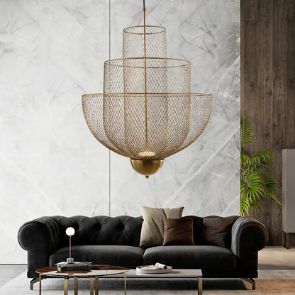 Modern gold mesh grid ceiling chandelier dining room led light