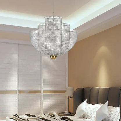 Modern gold mesh tiered dimmable led chandelier dining room pendant light