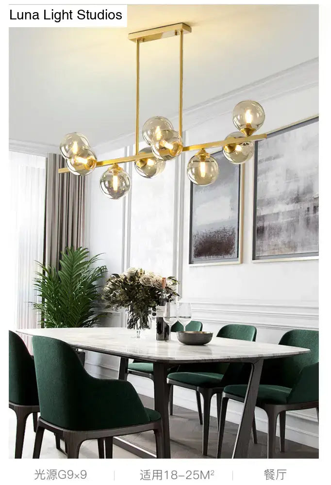 Modern gold metal amber glass island light for dining room