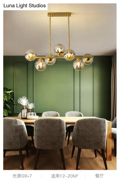 Modern gold metal amber glass island light for dining room