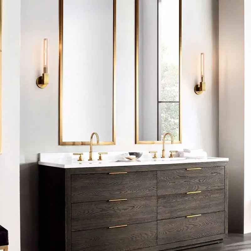 Modern gold metal and glass wall sconce light for bathroom