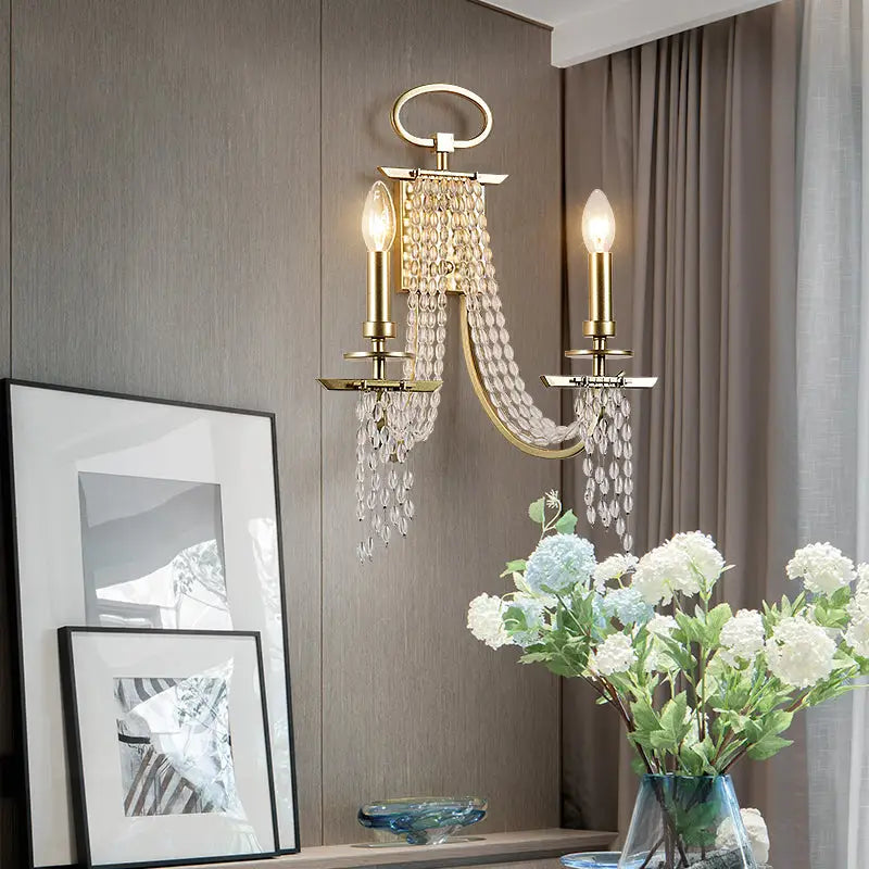 Modern gold metal candle wall sconce with crystals living room light