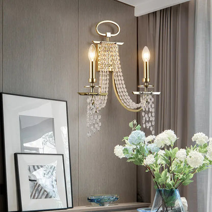 Modern gold metal candle wall sconce with crystals living room light