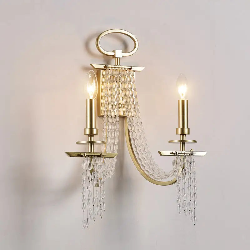 Modern gold metal candle wall sconce with crystals living room light