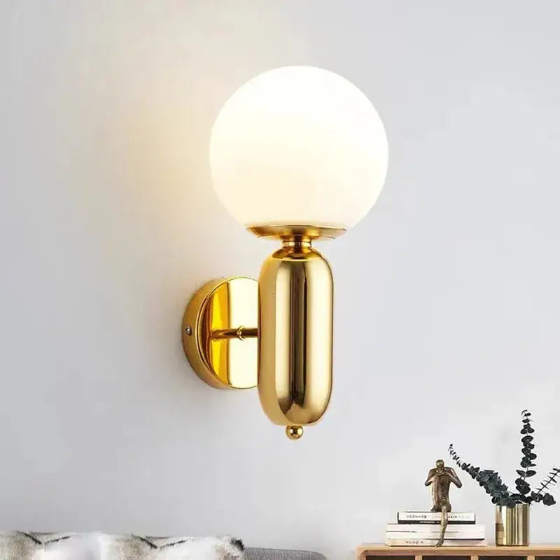 Modern gold mirror ball wall lamp bedroom frosted glass sconce
